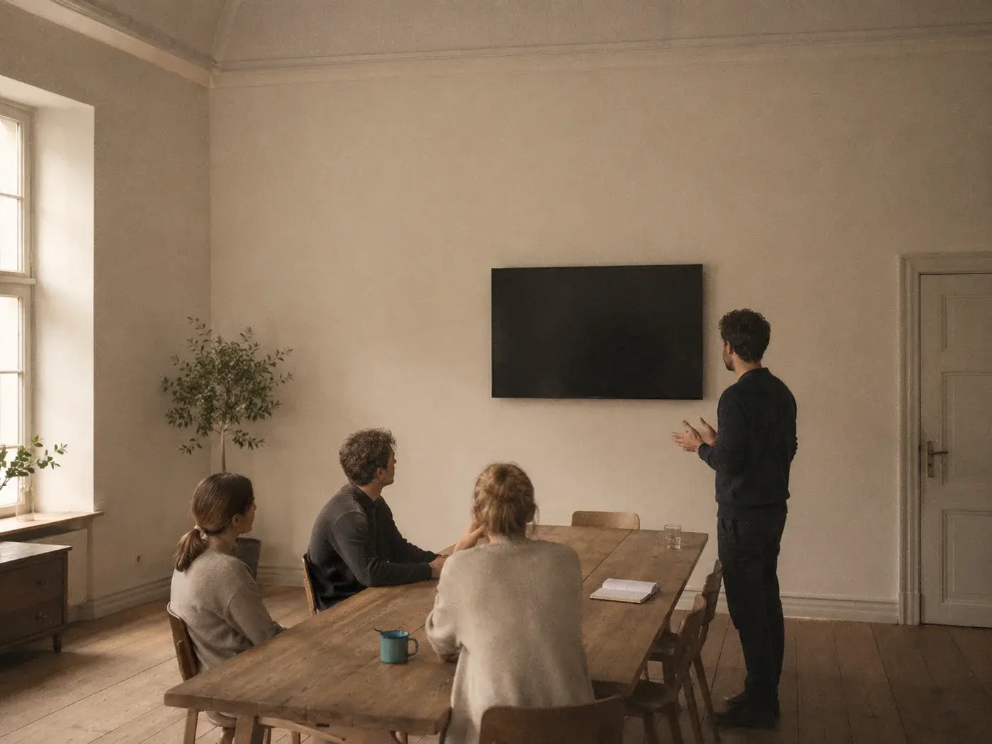 Besprechungsraum: eine Person spricht vor drei Zuhörenden am Tisch.