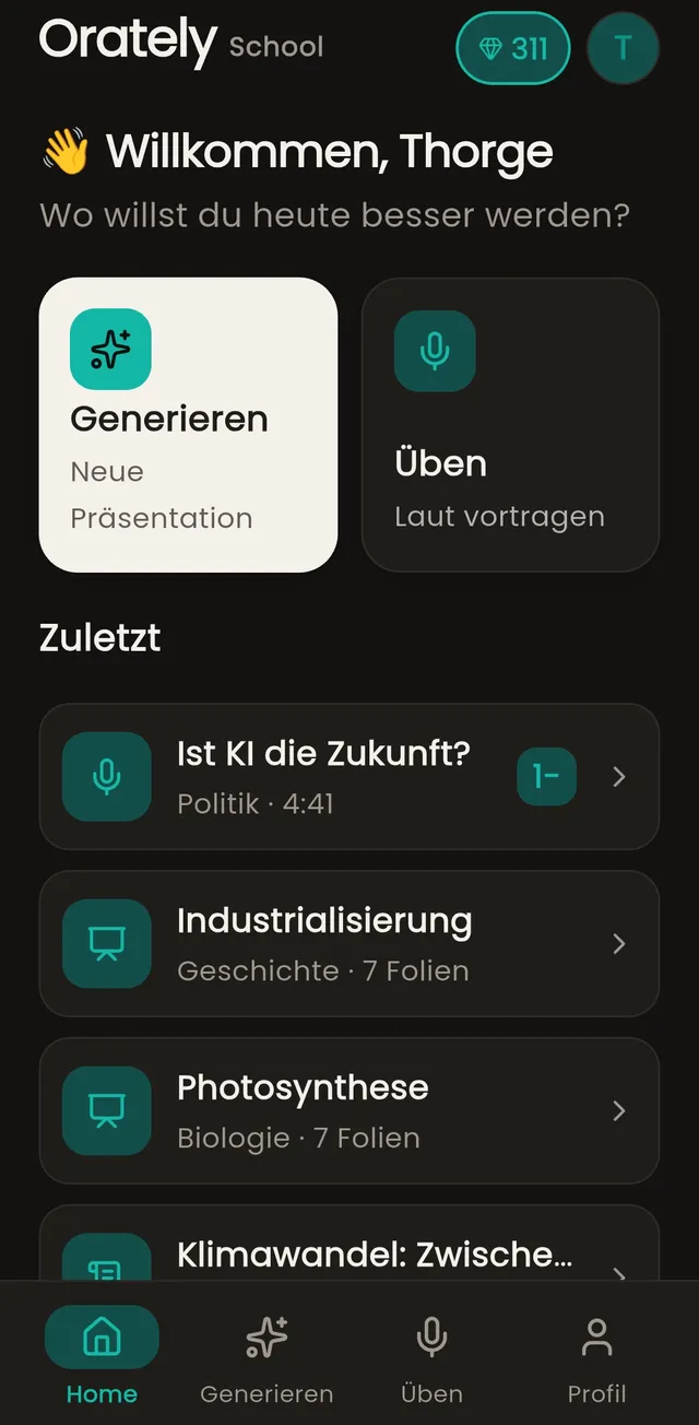 Orately-App: Startbildschirm mit den Aktionen Generieren und Üben