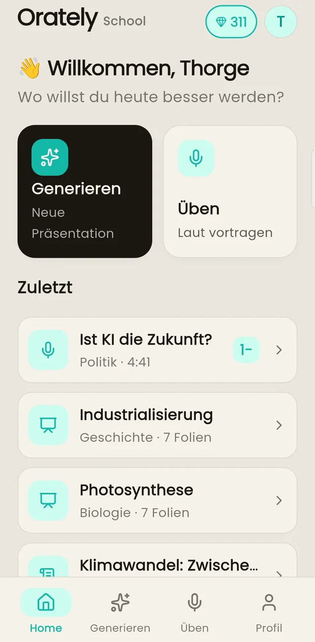 Orately-App: Startbildschirm mit den Aktionen Generieren und Üben
